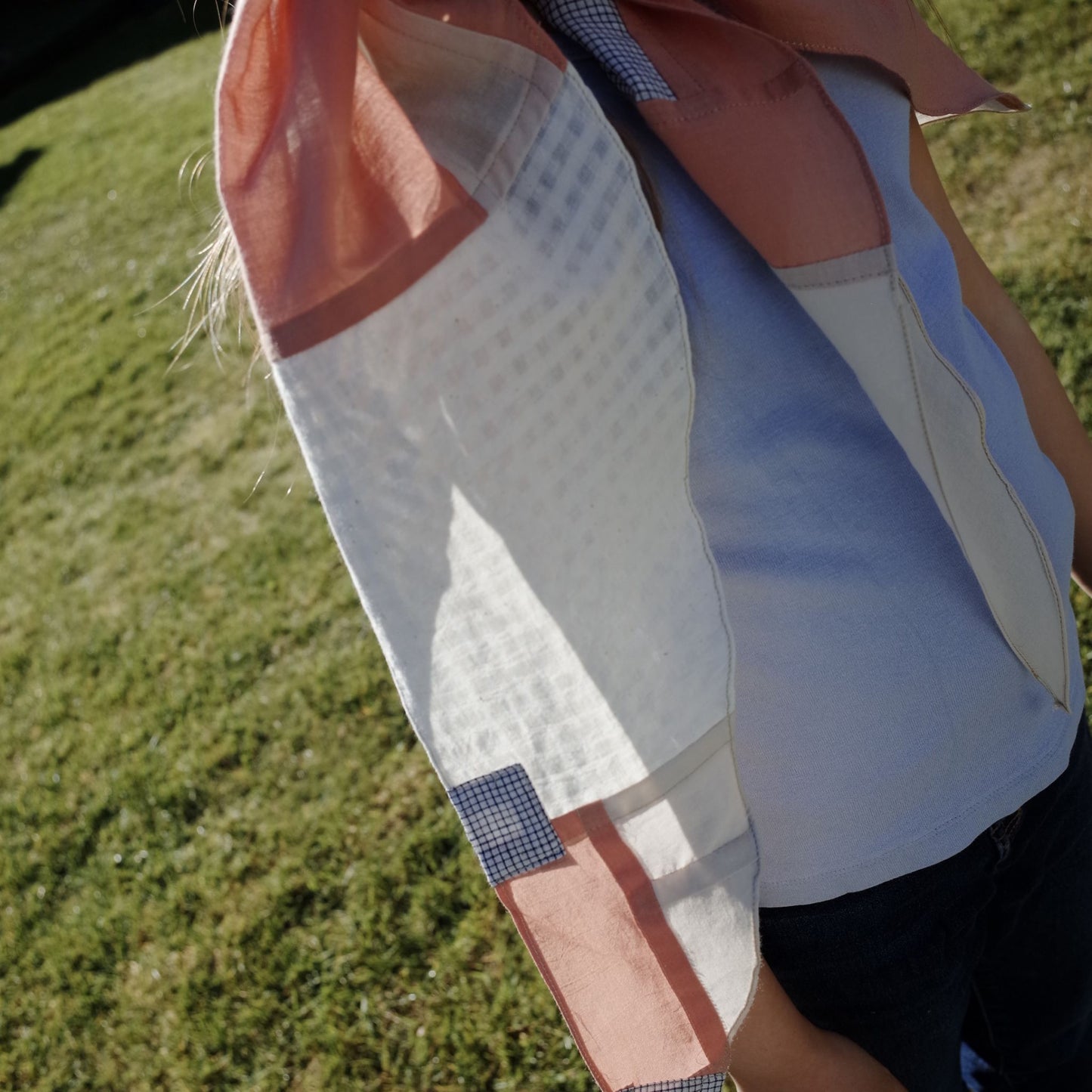 Patchwork Scarf - Coral and light checked cotton