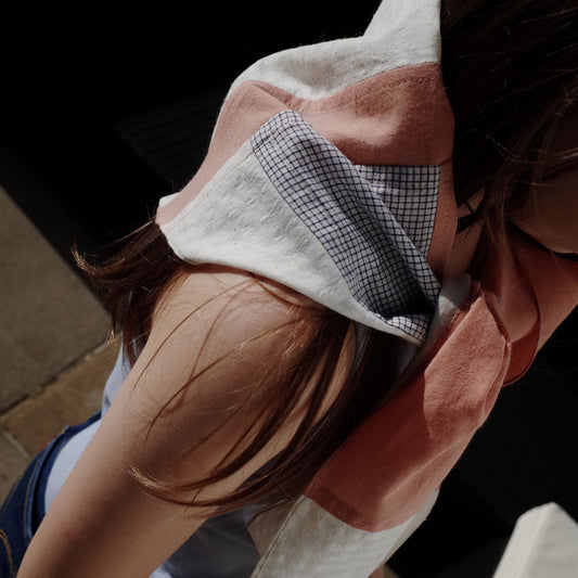 Patchwork Scarf - Coral and light checked cotton