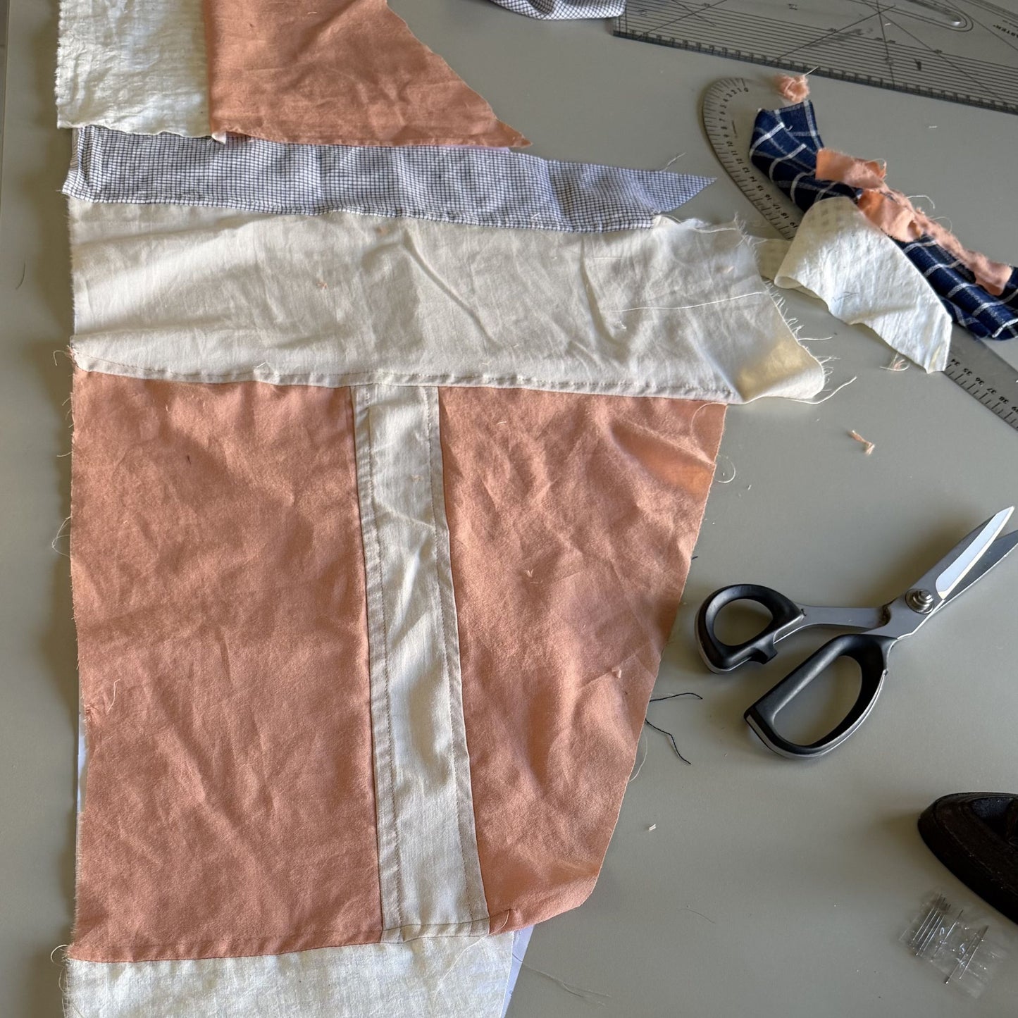 Patchwork Scarf - Coral and light checked cotton