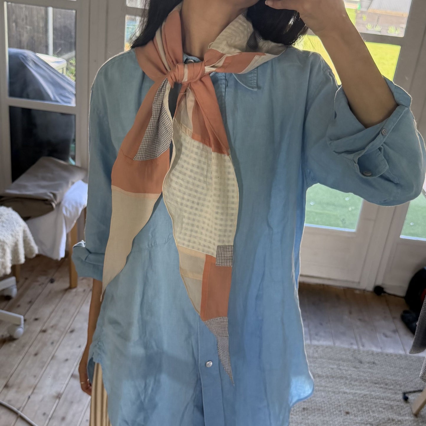 Patchwork Scarf - Coral and light checked cotton